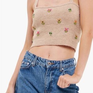English Factory Beige Beaded Embroidered Knit Crop Top